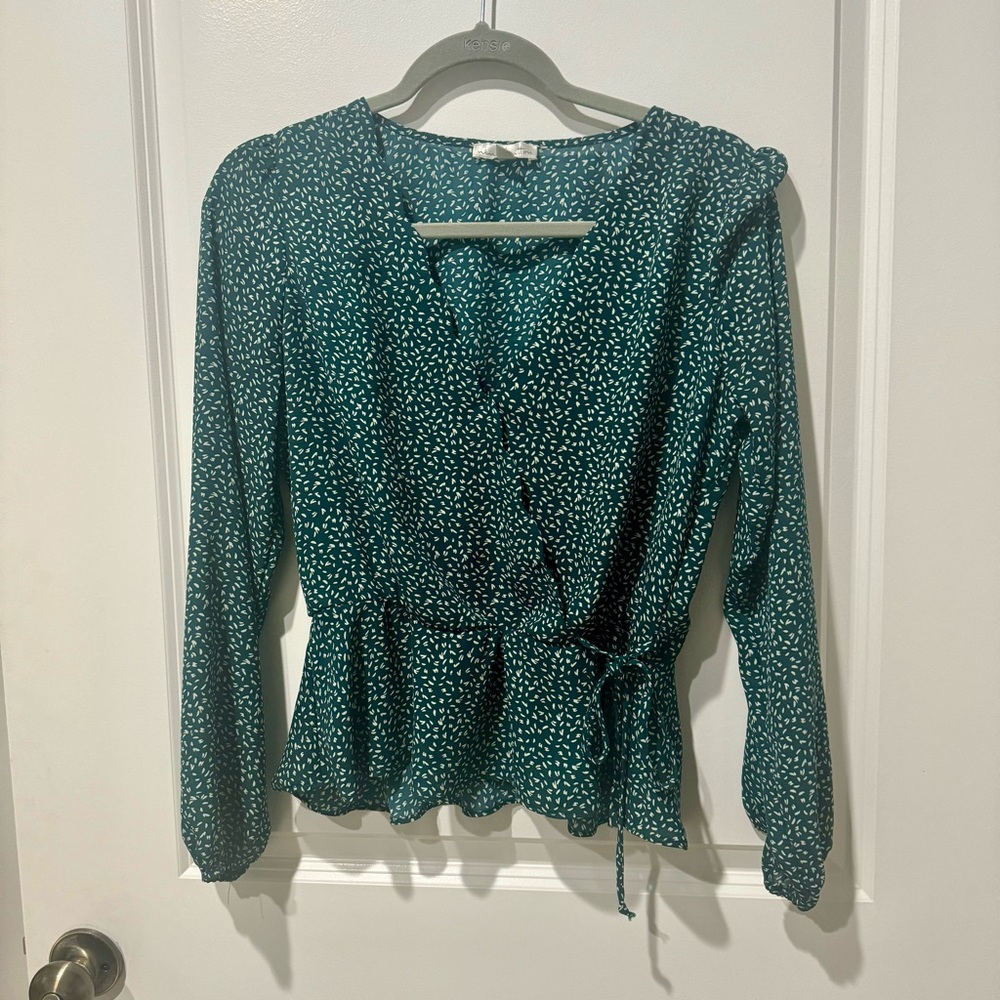 Green and White Blouse with Tie